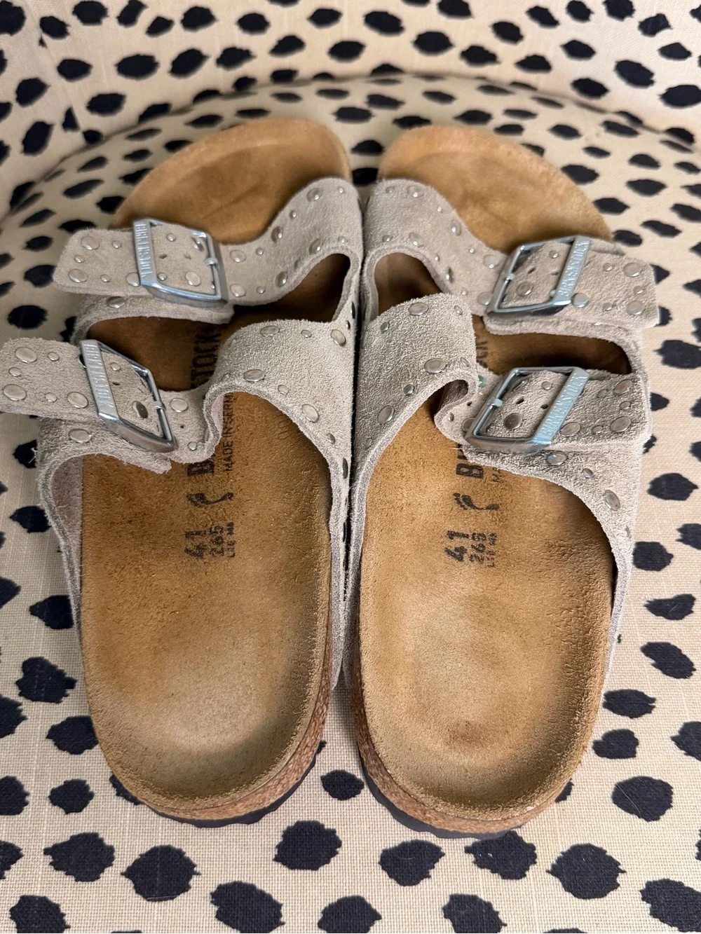 Birkenstock Arizona Rivets Suede Double-Buckle Sandals in Light Taupe with Studs